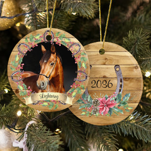 Rustic Wood Christmas Horse Photo Personalised Ceramic Ornament