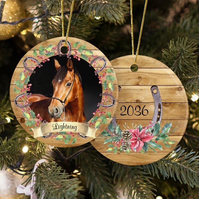 Rustic Wood Christmas Horse Photo Personalised Ceramic Ornament (Creator Uploaded)