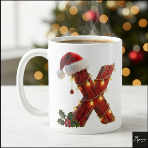 Rustic Wood Christmas Letter X String Lights Coffee Mug