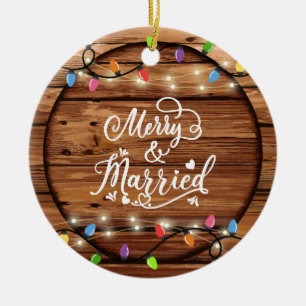 Rustic Wood Christmas Light Merry & Married Photo Ceramic Ornament