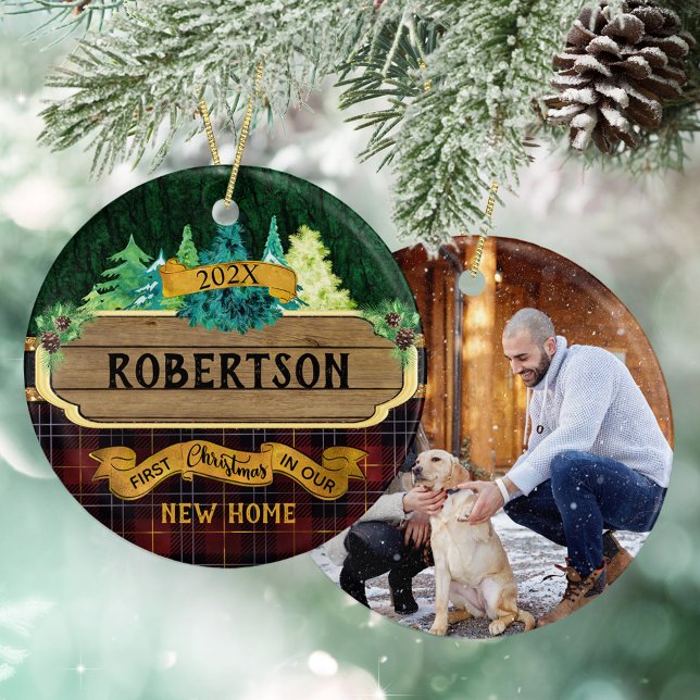 Rustic Wood Christmas New Home Family Photo Ceramic Ornament (Creator Uploaded)