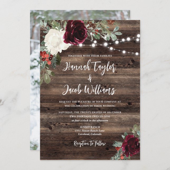 Rustic Wood Christmas Photo String Lights Invitation (Front/Back)