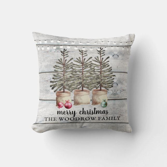 Rustic Wood Christmas Pine Trees String Lights Cushion (Front)
