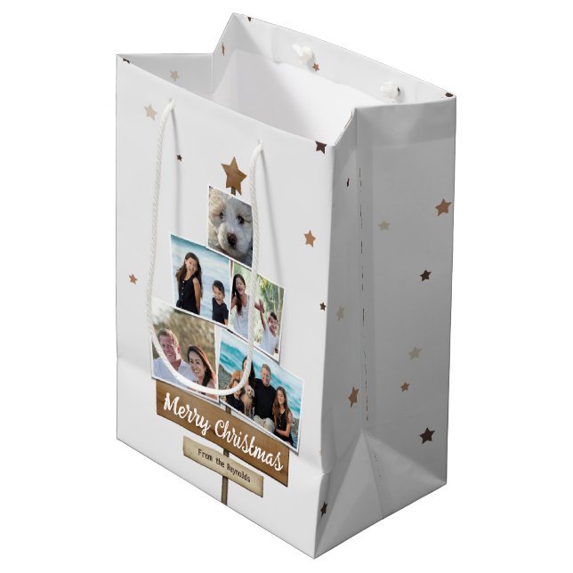 Rustic Wood Christmas Tree | 5 Photos Collage Medium Gift Bag (Front Angled)