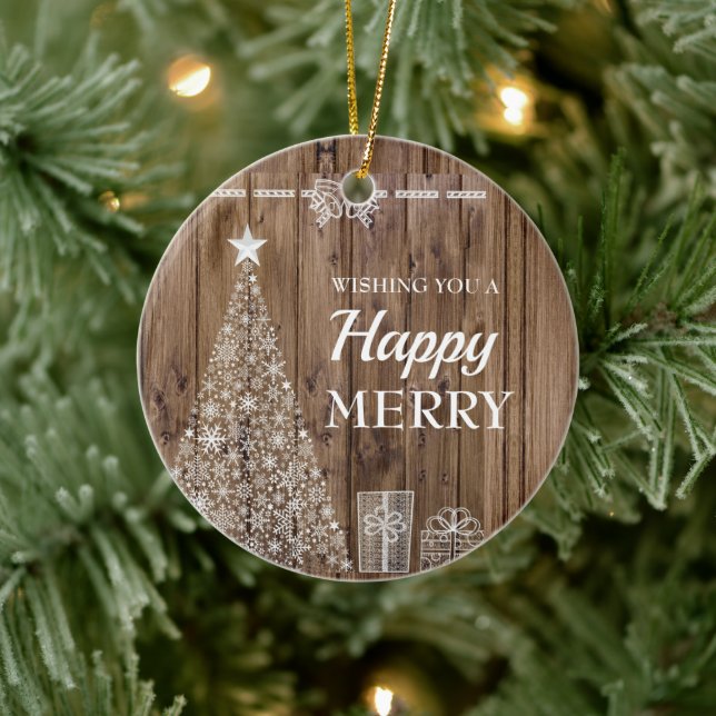 Rustic Wood Christmas Tree Holiday Season Ceramic Ornament (Tree)