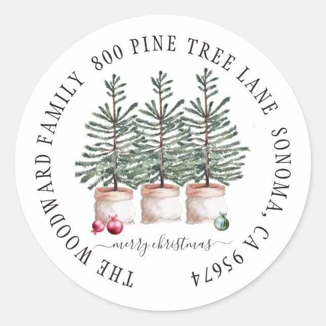 Rustic Wood Christmas Trees Family Name Envelope Classic Round Sticker (Front)