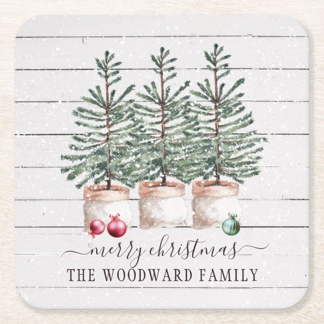 Rustic Wood Christmas Trees Family Name  Square Paper Coaster (Front)