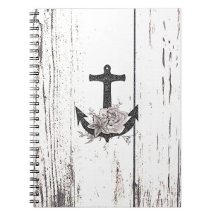 Rustic Wood Coastal Beach Anchor Vintage Floral Notebook