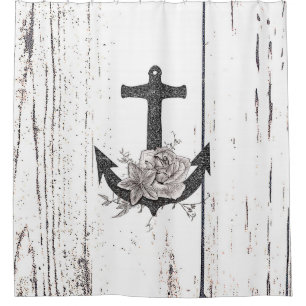 Rustic Wood Coastal Beach Anchor Vintage Floral Shower Curtain