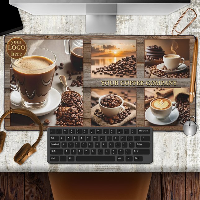 Rustic Wood Coffee Photo Collage Desk Mat (Desk mat for a coffee lover or coffee company with logo option and 5 custom photos on rustic wood)