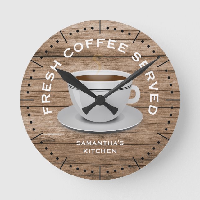 Rustic Wood Coffee Theme Farmhouse Kitchen Round Clock (Front)