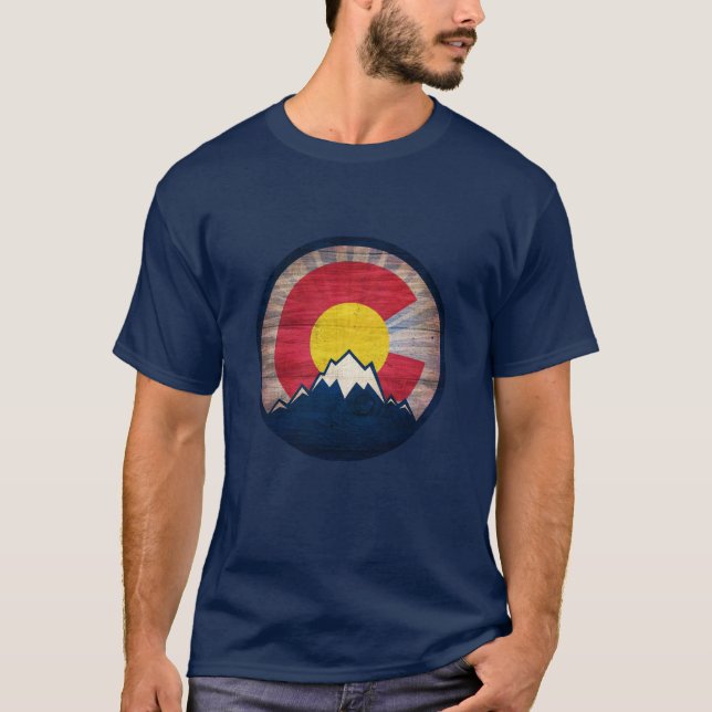 Rustic wood Colorado flag mountains mens tshirt (Front)