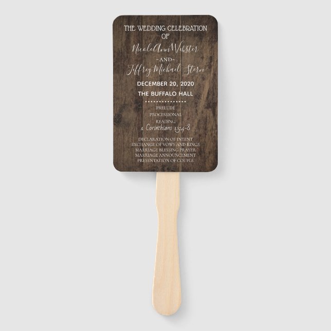 Rustic Wood Country Barn Wedding Program Hand Fan (Front)