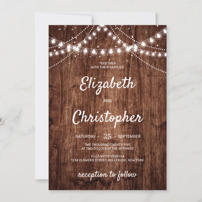 Rustic wood country boho String Lights wedding Invitation (Front)