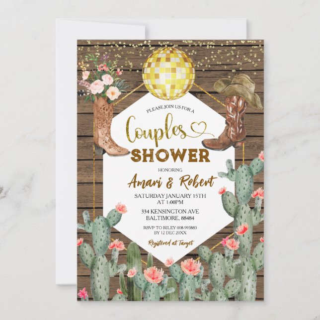 Rustic Wood Country Boots Cactus Couples Shower Invitation (Front)