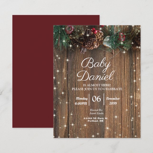 Rustic Wood Country Christmas Pine Garland Sparkle Invitation (Front/Back)
