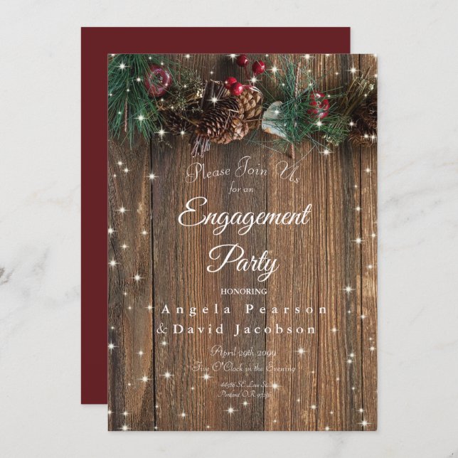 Rustic Wood Country Christmas Pine Garland Sparkle Invitation (Front/Back)