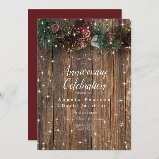Rustic Wood Country Christmas Pine Garland Sparkle Invitation (Front/Back)
