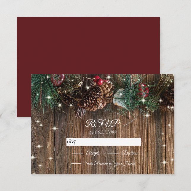 Rustic Wood Country Christmas Pine Garland Sparkle RSVP Card (Front/Back)