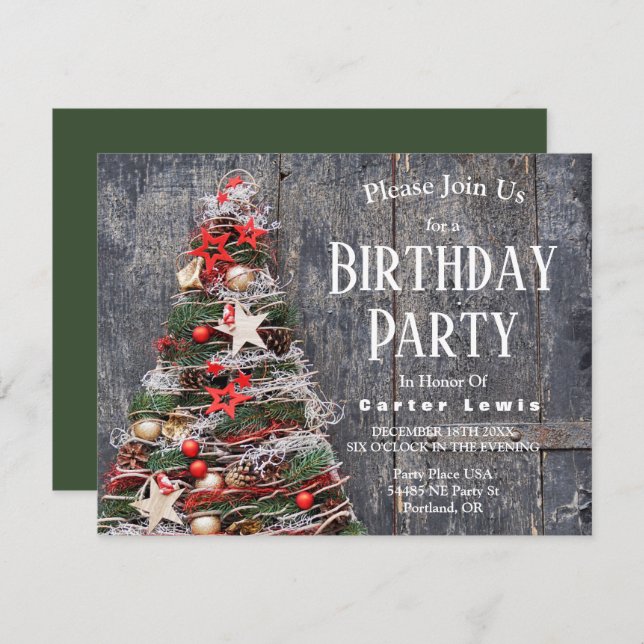 Rustic Wood Country Christmas Tree Stars Birthday Invitation (Front/Back)