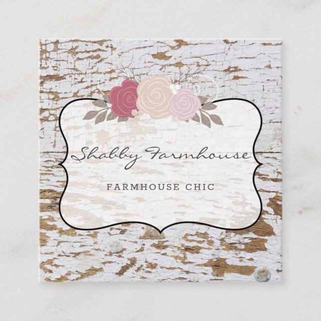 Rustic Wood Country Farmhouse Rose Script Business Square Business Card (Front)