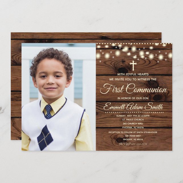 Rustic Wood Country First 1st Communion Boy Girl Invitation (Front/Back)