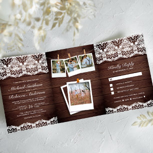 Rustic Wood Country Lace Photo Collage Wedding Tri-Fold Invitation