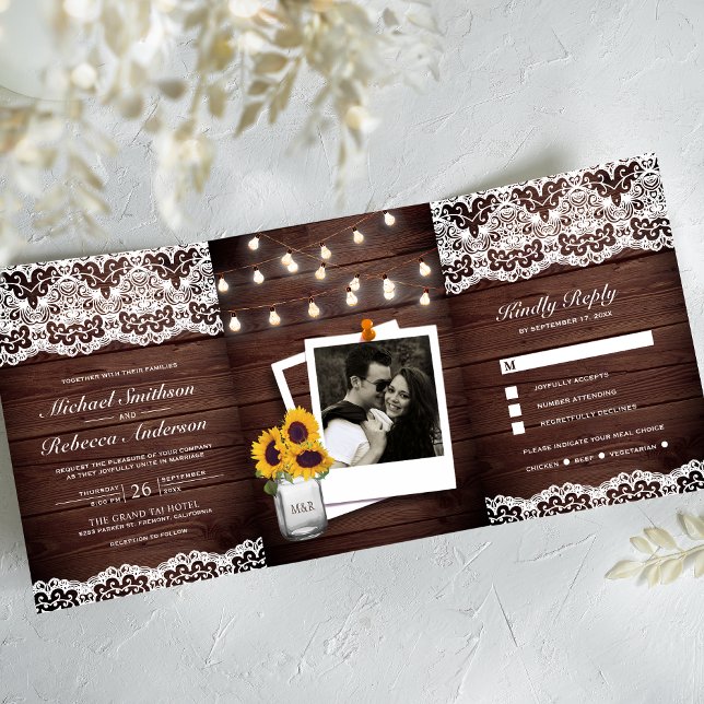 Rustic Wood Country Lace String Lights Wedding Tri-Fold Invitation (Creator Uploaded)