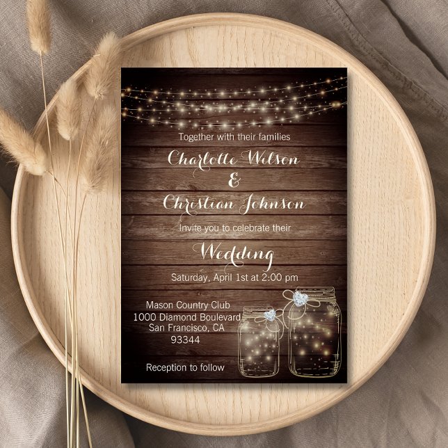 Rustic Wood Country Mason Jar Lights Wedding Invitation (Creator Uploaded)