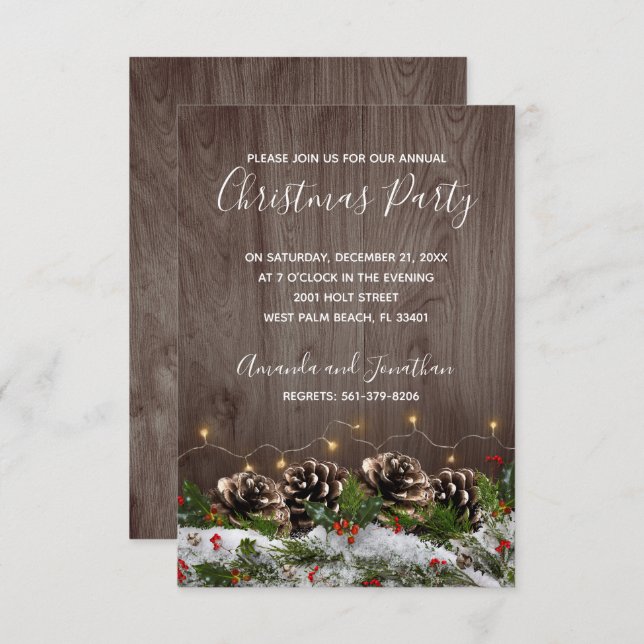 Rustic Wood Country Pines Lights Snow Christmas Invitation (Front/Back)
