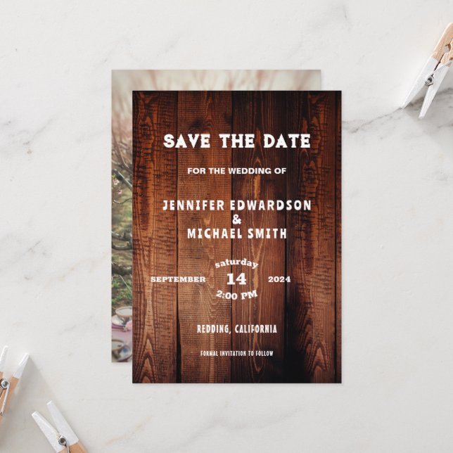 Rustic wood country wedding photo Save the date Invitation (Front/Back In Situ)