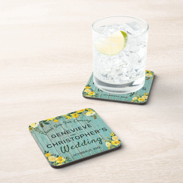Rustic Wood Country Yellow Floral Outdoor Wedding Coaster (Right Side)