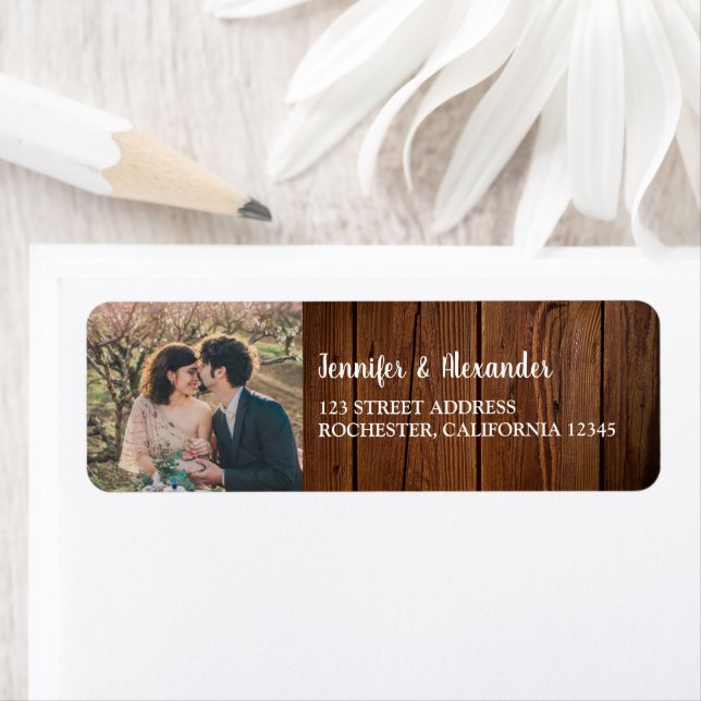 Rustic wood couple monogram name photo return address label (Insitu)