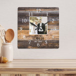 Rustic Wood Couple Photo Wedding Anniversary  Square Wall Clock<br><div class="desc">Unique anniversary clock to personalize with couple photo,  name and established year. The rustic wedding clock with a distressed wood effect  makes a great gift for weddings, anniversaries,  and new home housewarming.</div>