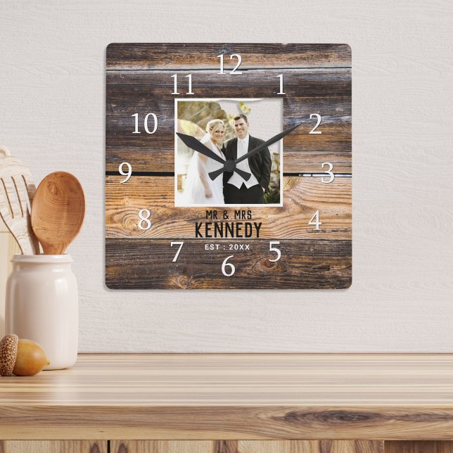 Rustic Wood Couple Photo Wedding Anniversary  Square Wall Clock (Rustic Wood Couple Photo Wedding Anniversary Square Wall Clock)