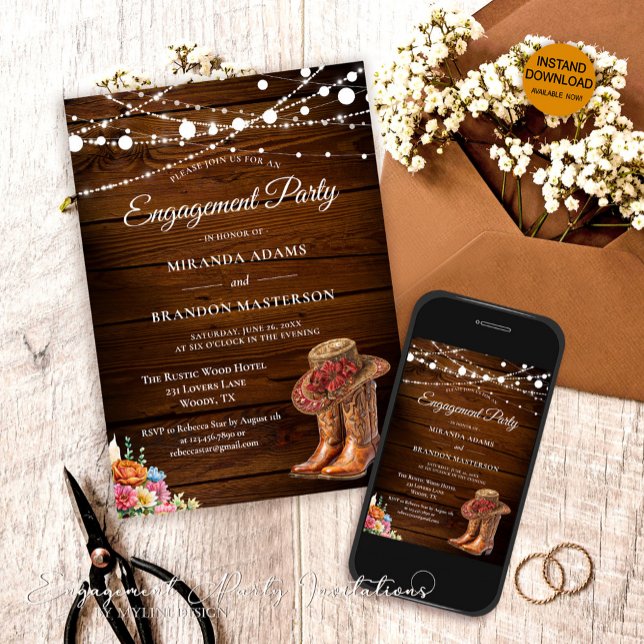 Rustic Wood Cowboy Boots Western Engagement Party Invitation (Creator Uploaded)