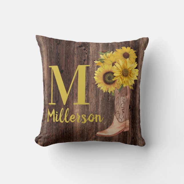 Rustic Wood Cowgirl Boots Sunflowers Monogram Name Cushion (Front)