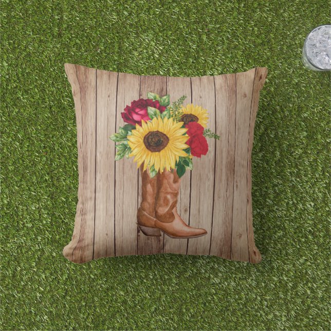 Rustic Wood Cowgirl Boots Sunflowers Red Roses Out Cushion (Grass)