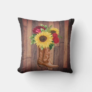 Rustic Wood Cowgirl Boots Sunflowers Roses Cushion
