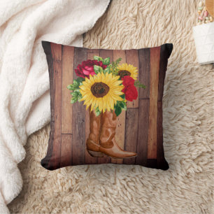 Rustic Wood Cowgirl Boots Sunflowers Roses Cushion
