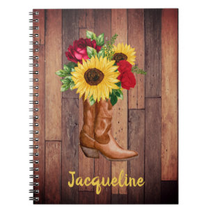 Rustic Wood Cowgirl Boots Sunflowers Roses Custom Notebook