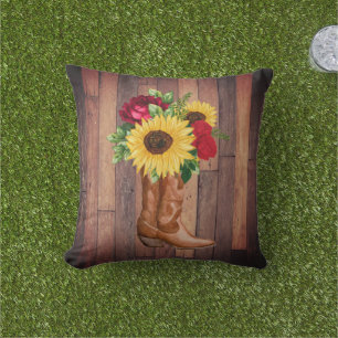 Rustic Wood Cowgirl Boots Sunflowers Roses Outdoor Cushion