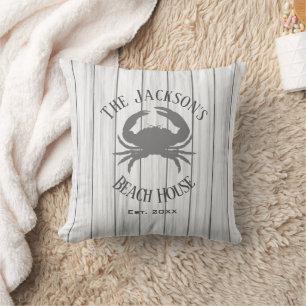 Rustic Wood Crab Beach House Pillow