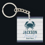Rustic Wood Crab Custom Family Coastal Key Ring<br><div class="desc">Rustic and elegant white wood design. Crab stamp overlay solid graphic. Custom family name in bold sans serif font and chic script family typography. All text is adjustable. Beautiful design for beach house,  vacation home,  boat,  or nautical themed home decor.</div>