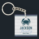 Rustic Wood Crab Custom Family Coastal Key Ring<br><div class="desc">Rustic and elegant white wood design. Crab stamp overlay solid graphic. Custom family name in bold sans serif font and chic script family typography. All text is adjustable. Beautiful design for beach house,  vacation home,  boat,  or nautical themed home decor.</div>
