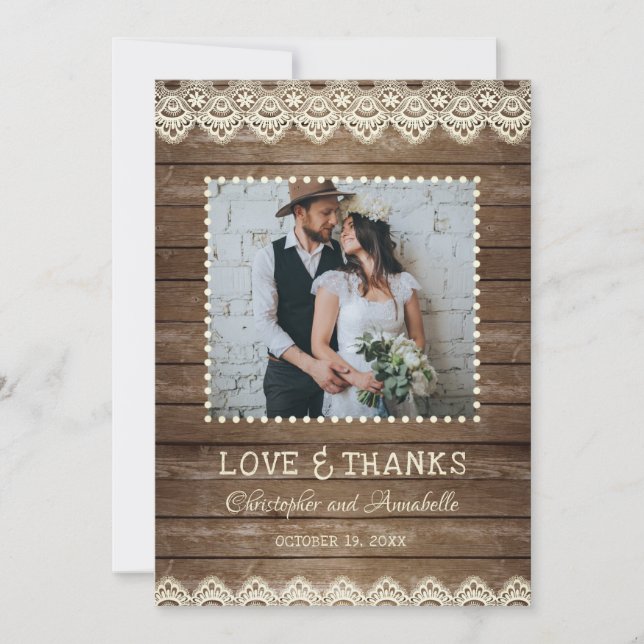 Rustic Wood Cream Lace Wedding Photo Thank You (Front)