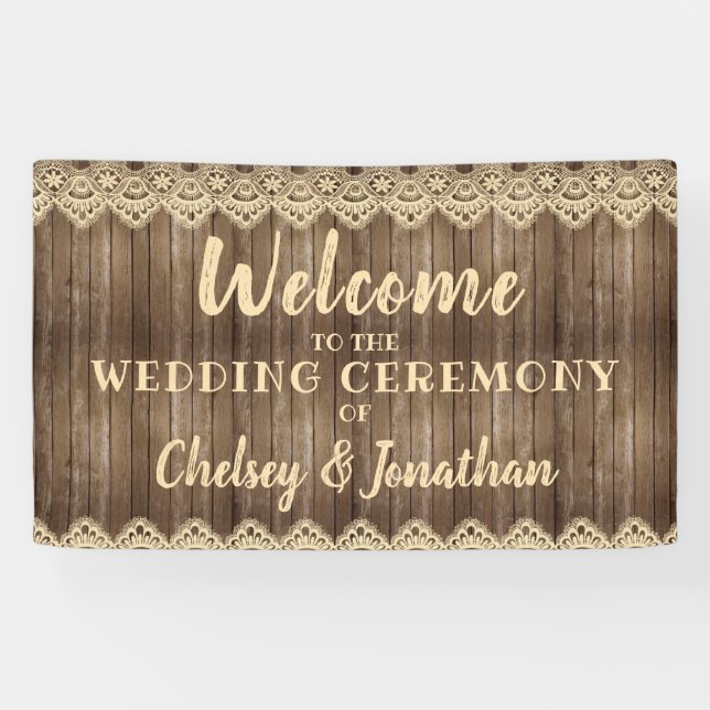 Rustic Wood & Cream Lace Wedding Welcome Banner (Horizontal)