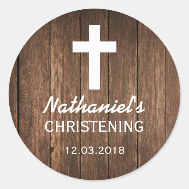 Rustic Wood Cross Baptism Christening Sticker (Front)