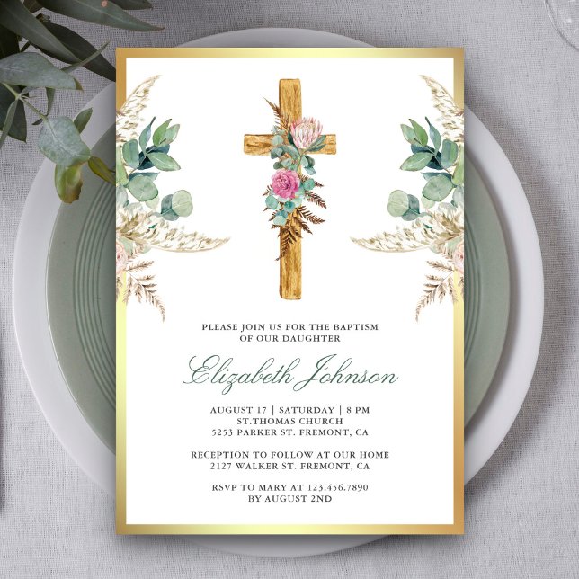 Rustic Wood Cross Boho Pampas Eucalyptus Baptism Invitation (Creator Uploaded)