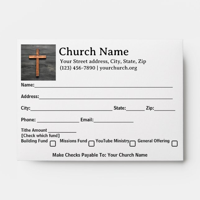 Rustic Wood Cross Church Tithe Offering Envelope (Front)
